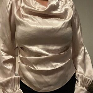 Astr Champagne Satin Cowl-Neck Long Sleeve Blouse